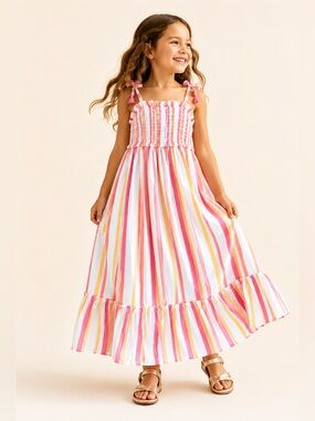 Haute Hippie Girls Resort Maxi Dress Metallic Stripes Smocked Lined Tassels Sz 7